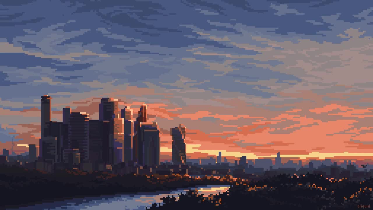 Пиксельный город закат